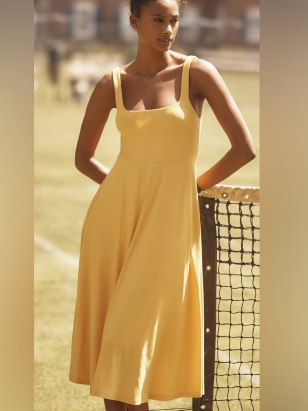 NWT Beyond Yoga Featherweight At The Ready Square Neck Dress Sunflower Heather